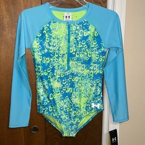 NWT Under Armour blue & green Long Sleeve Rashguard Girls One-Piece Swimsuit